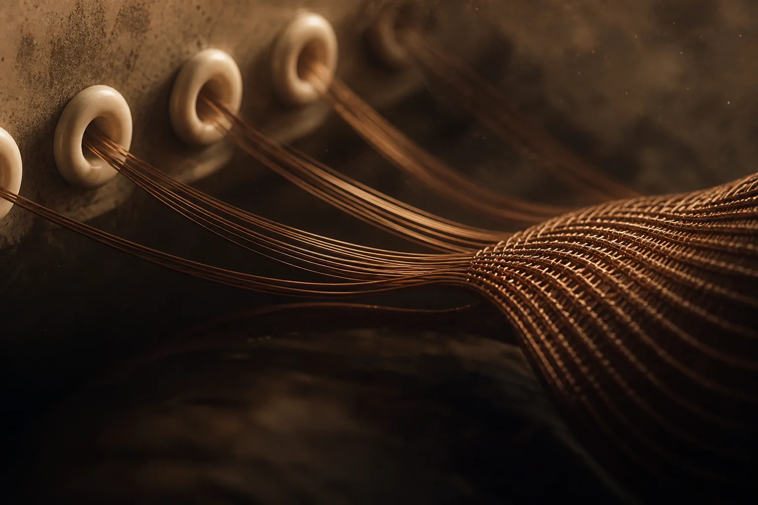 Copper fibers being drawn through precise champagne ceramic guides